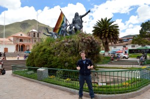 Main plaza in Urcos. Me infront of Tupac Amaru. 