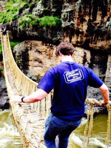 Me crossing the bridge at Q'eswachaca. Picture taken by Ninoska Montúfar.